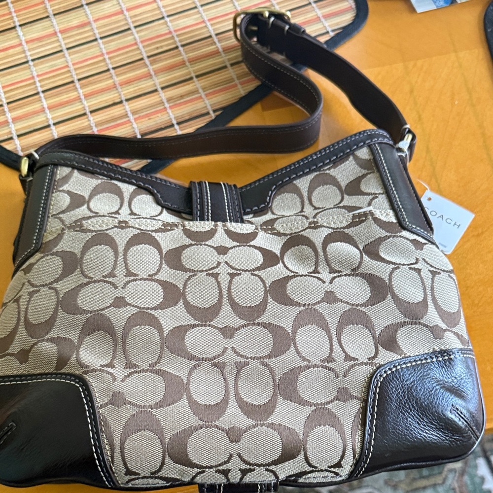 Coach Tan and Black Signature Shoulder Bag